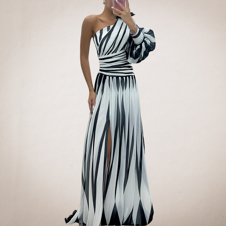 Hazel™ | Abito Maxi Elegante a Righe con Spalla Scoperta