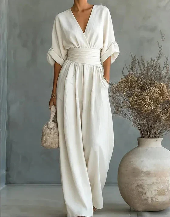 Daniela - Tuta elegante con scollo a V e gambe larghe